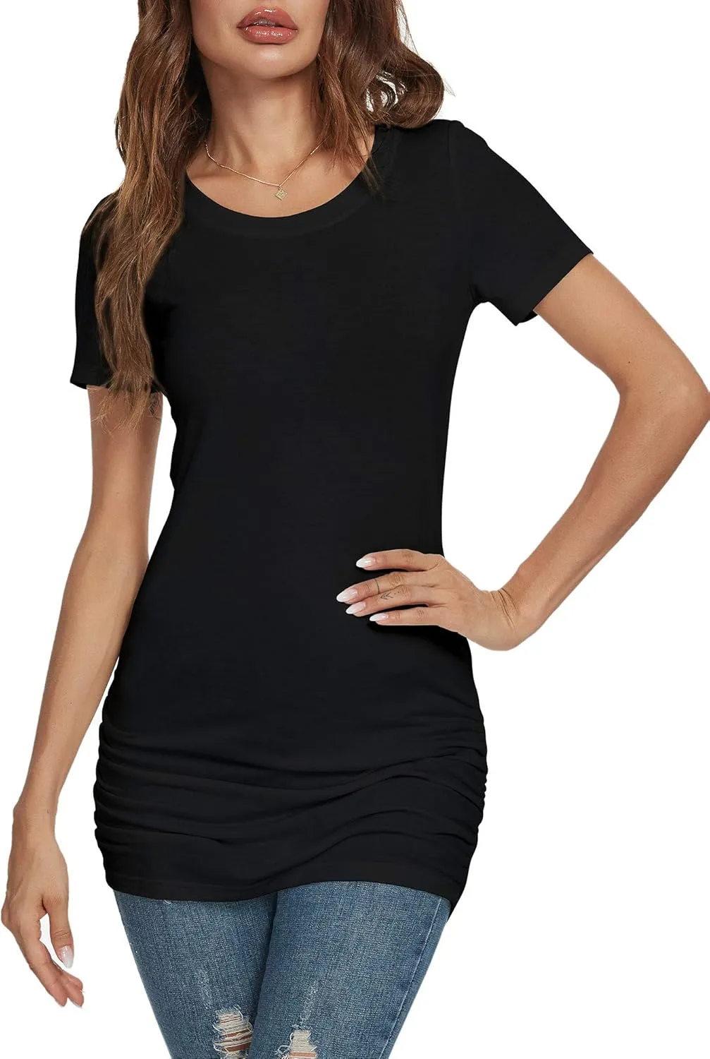 TORARY Women's 2024 Casual Long Sleeves Slim Fit Crew Neck Ruched Tunic Top T-Shirt Dress