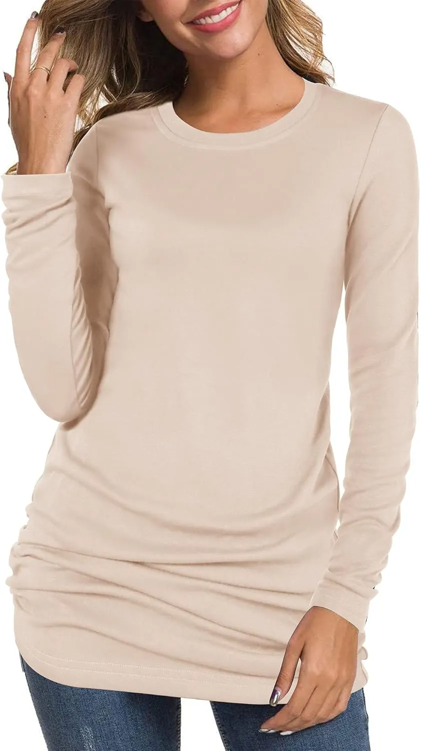 TORARY Women's 2024 Casual Long Sleeves Slim Fit Crew Neck Ruched Tunic Top T-Shirt Dress