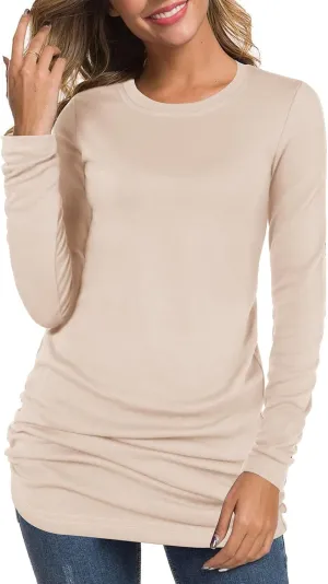 TORARY Women's 2024 Casual Long Sleeves Slim Fit Crew Neck Ruched Tunic Top T-Shirt Dress