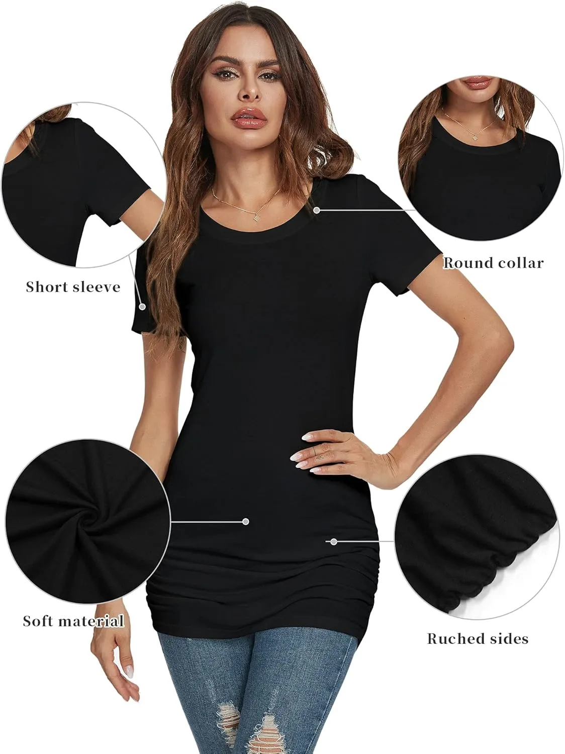 TORARY Women's 2024 Casual Long Sleeves Slim Fit Crew Neck Ruched Tunic Top T-Shirt Dress