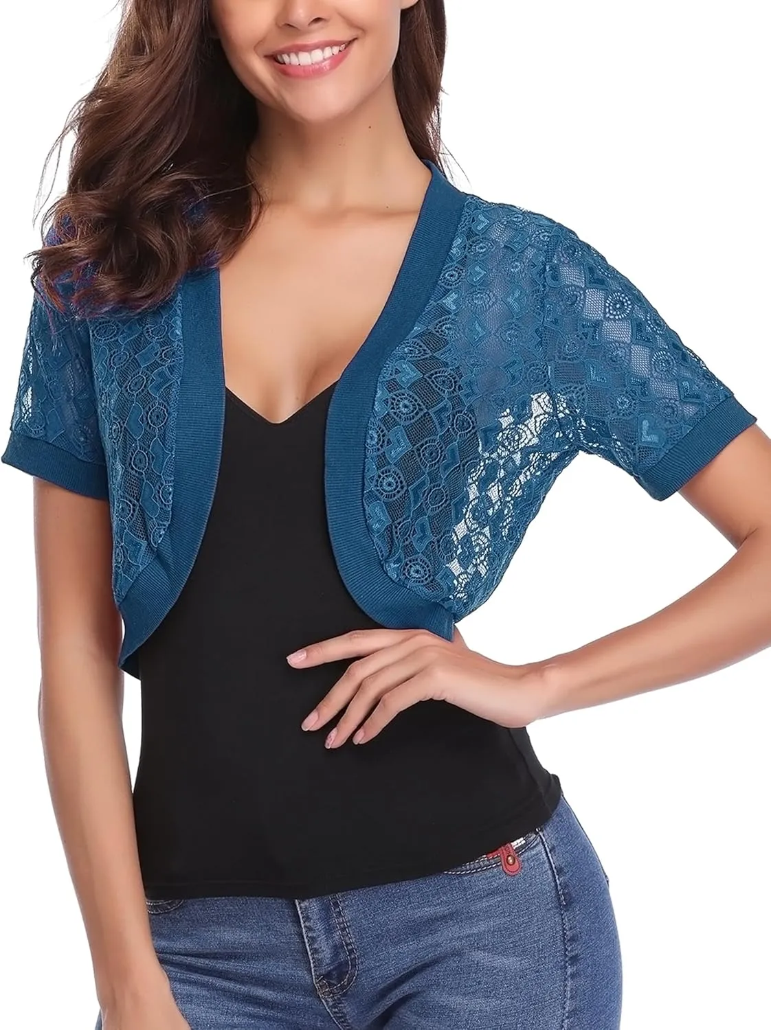 Totatuit Womens Short Bolero Shrugs for Dresses Open Front Short Sleeve Floral Lace Summer Sheer Cropped Cardigans