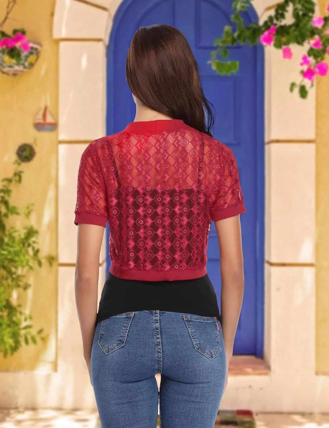 Totatuit Womens Short Bolero Shrugs for Dresses Open Front Short Sleeve Floral Lace Summer Sheer Cropped Cardigans