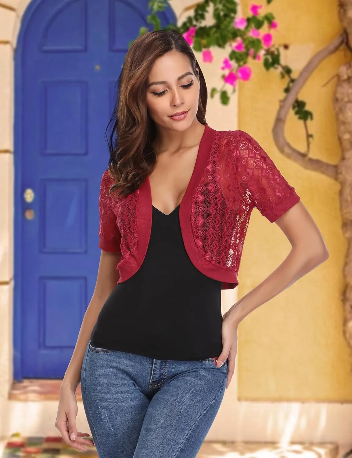 Totatuit Womens Short Bolero Shrugs for Dresses Open Front Short Sleeve Floral Lace Summer Sheer Cropped Cardigans