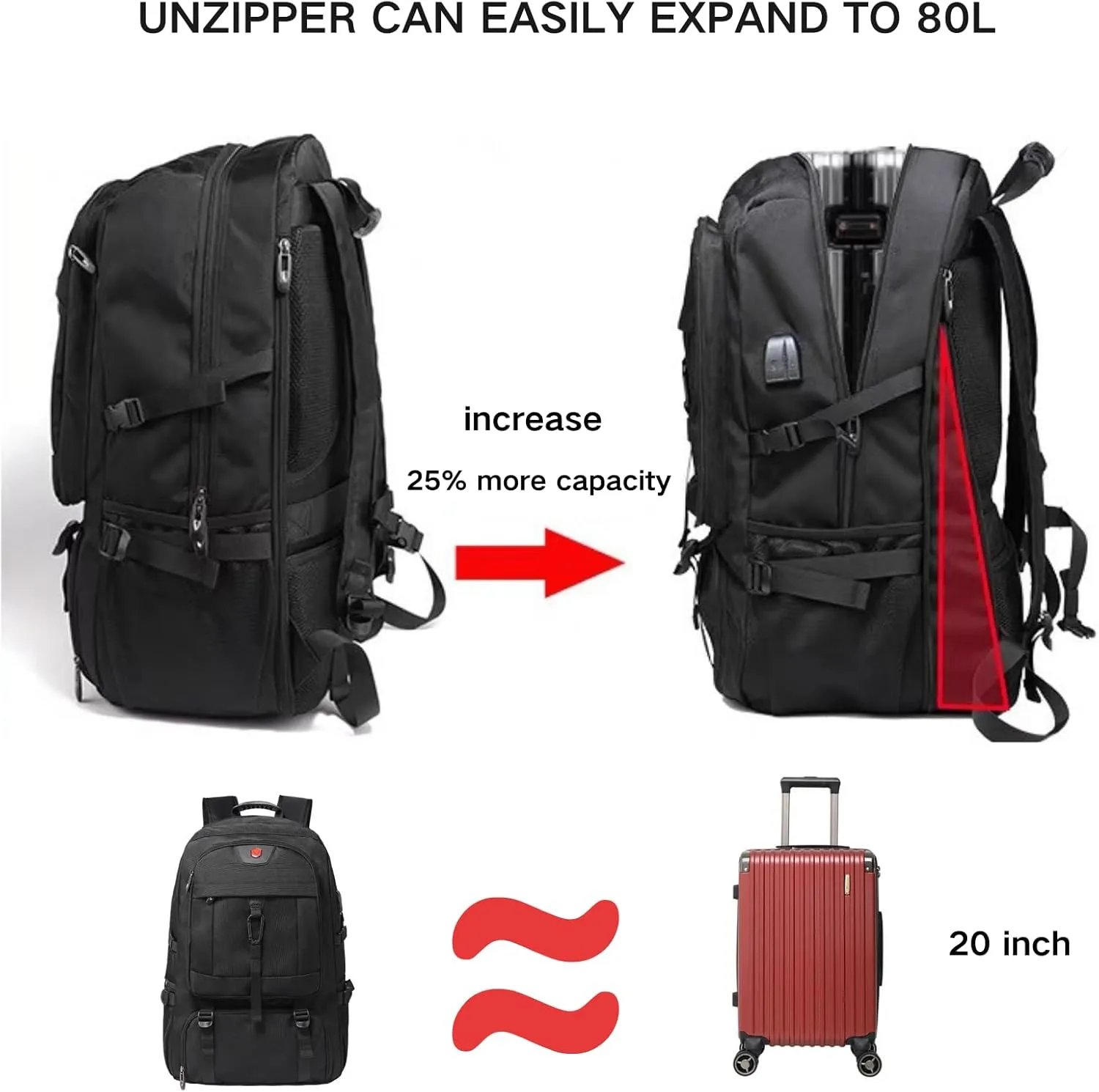 Travel Backpack 50L, 17 Inch Laptop Backpack for Men Women, Large Waterproof Carry On Backpack, TSA Friendly Flight Approved Anti-Theft Backpack with USB Interface & Shoe Compartment, Black