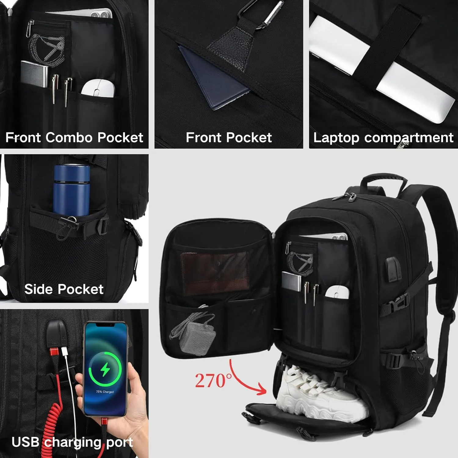 Travel Backpack 50L, 17 Inch Laptop Backpack for Men Women, Large Waterproof Carry On Backpack, TSA Friendly Flight Approved Anti-Theft Backpack with USB Interface & Shoe Compartment, Black