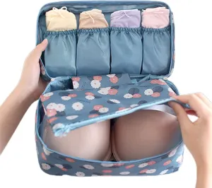 Travel Storage Bag for Bra Underwear Cosmetics Makeup Travel Organizer Wardrobe Closet Clothes Pouch Socks Panties Bags Travel Bags Organizer for Luggage, Blue Flowers