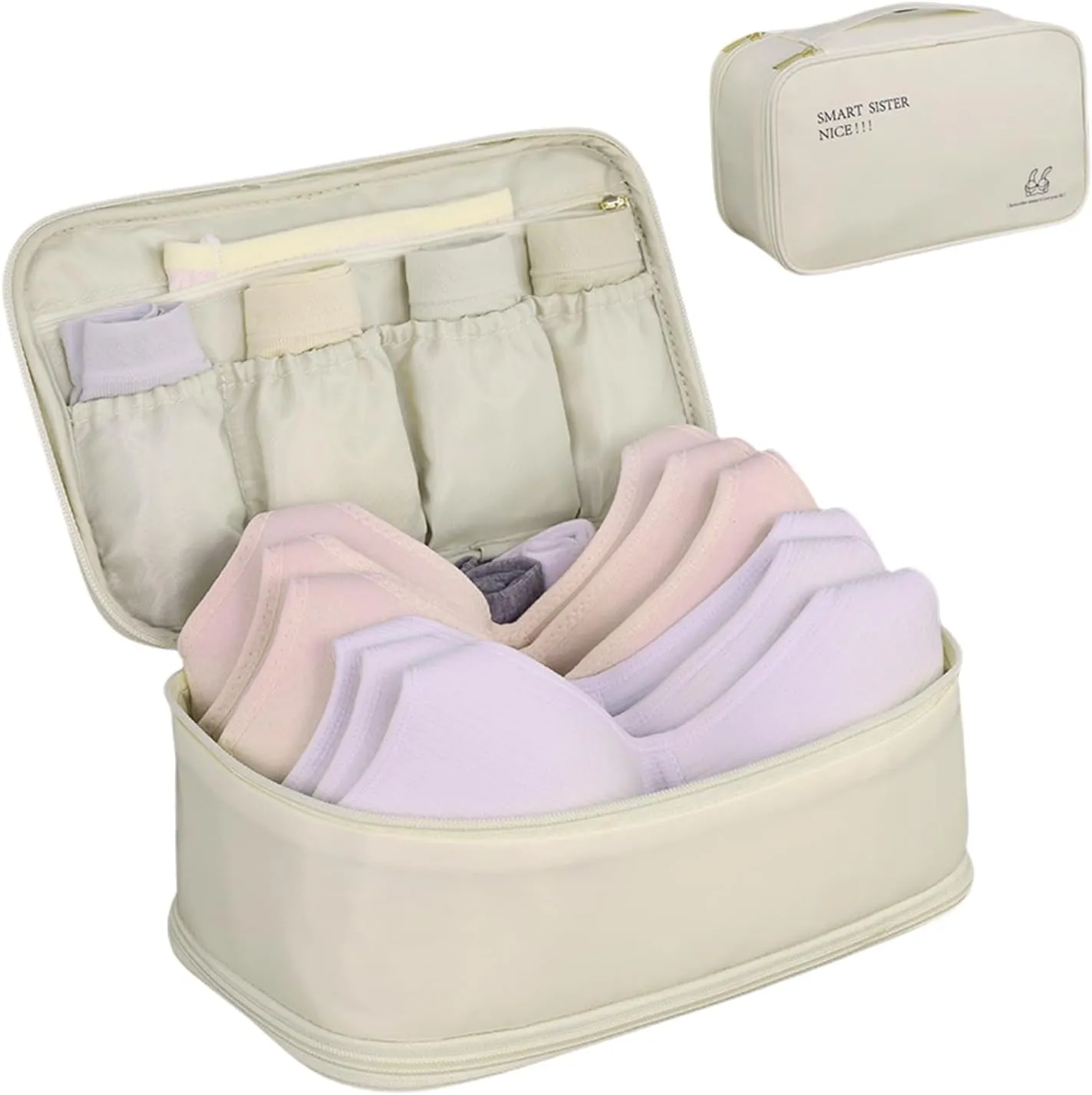 Travel Underwear Bra Storage Bag, Waterproof & Wrinkle Resistant, 4-in-1 Compartments, Portable & Lightweight, Beige