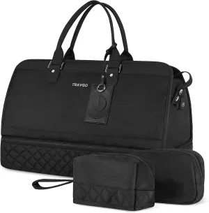 Travgo Weekender Bags for Women Travel, 60L Travel Duffle Bag with Shoe Compartment & Wet Pocket,Carry on Tote Bags with USB Charging Port for Airplanes, Hospital, Sports, GiftDeep Black)