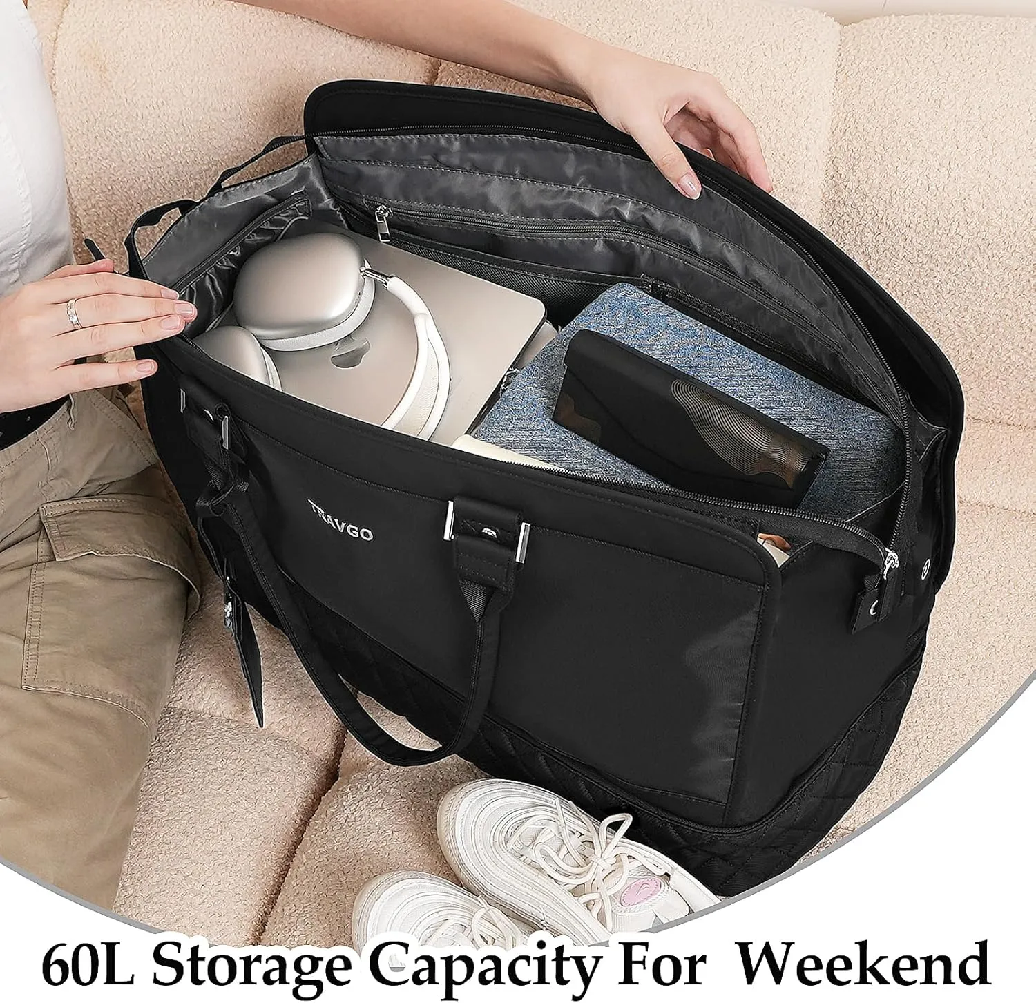 Travgo Weekender Bags for Women Travel, 60L Travel Duffle Bag with Shoe Compartment & Wet Pocket,Carry on Tote Bags with USB Charging Port for Airplanes, Hospital, Sports, GiftDeep Black)