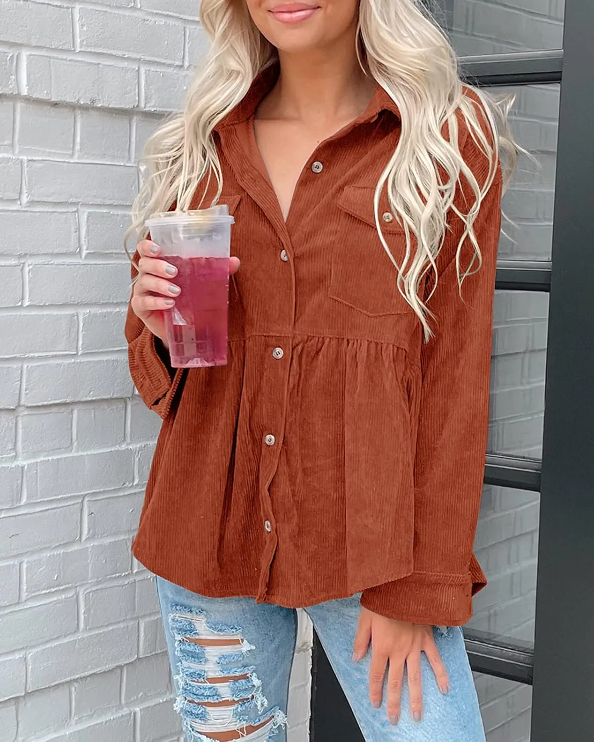 Tutorutor Womens Corduroy Shirts Casual Long Sleeve Button Down Blouses Tunic Babydoll Dress Loose Pocket Jacket Shackets