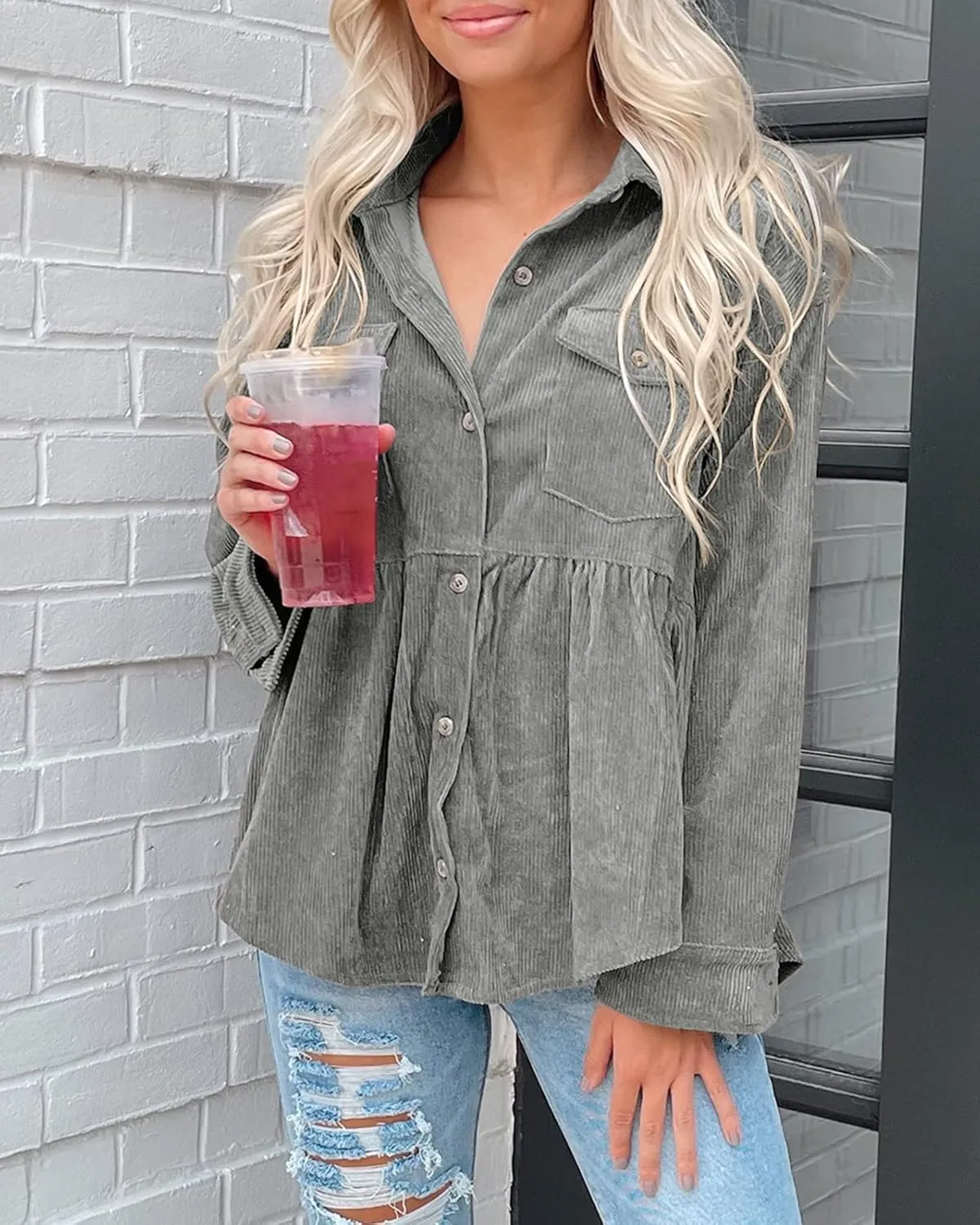 Tutorutor Womens Corduroy Shirts Casual Long Sleeve Button Down Blouses Tunic Babydoll Dress Loose Pocket Jacket Shackets