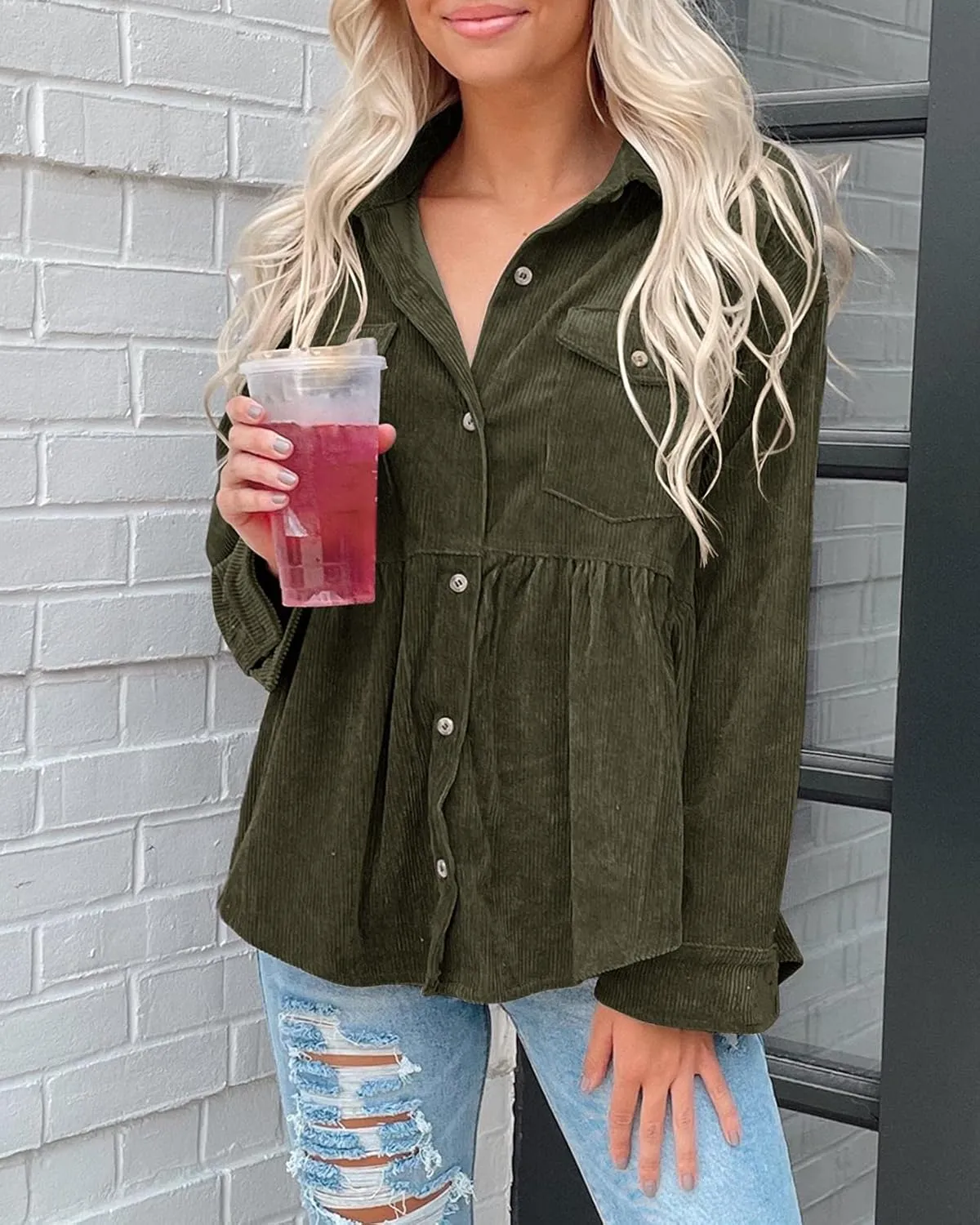Tutorutor Womens Corduroy Shirts Casual Long Sleeve Button Down Blouses Tunic Babydoll Dress Loose Pocket Jacket Shackets