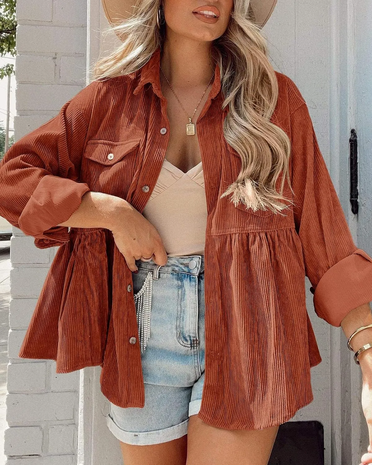 Tutorutor Womens Corduroy Shirts Casual Long Sleeve Button Down Blouses Tunic Babydoll Dress Loose Pocket Jacket Shackets
