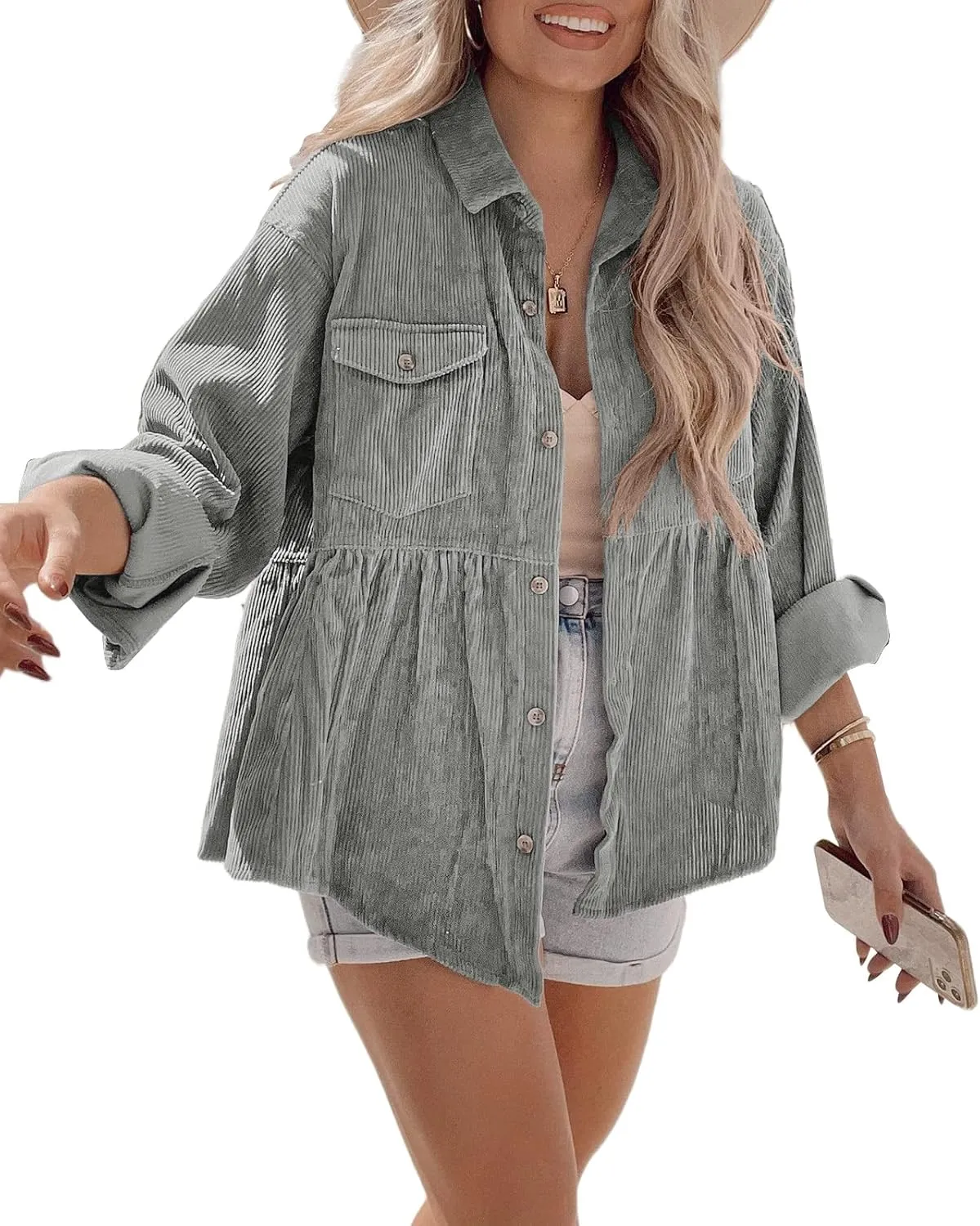 Tutorutor Womens Corduroy Shirts Casual Long Sleeve Button Down Blouses Tunic Babydoll Dress Loose Pocket Jacket Shackets
