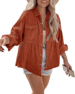 Tutorutor Womens Corduroy Shirts Casual Long Sleeve Button Down Blouses Tunic Babydoll Dress Loose Pocket Jacket Shackets