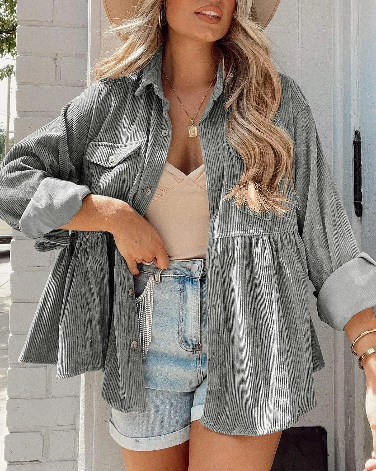 Tutorutor Womens Corduroy Shirts Casual Long Sleeve Button Down Blouses Tunic Babydoll Dress Loose Pocket Jacket Shackets