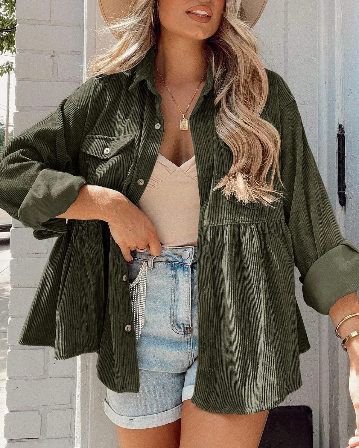 Tutorutor Womens Corduroy Shirts Casual Long Sleeve Button Down Blouses Tunic Babydoll Dress Loose Pocket Jacket Shackets
