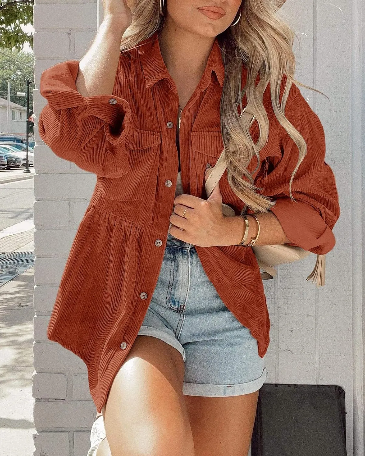 Tutorutor Womens Corduroy Shirts Casual Long Sleeve Button Down Blouses Tunic Babydoll Dress Loose Pocket Jacket Shackets