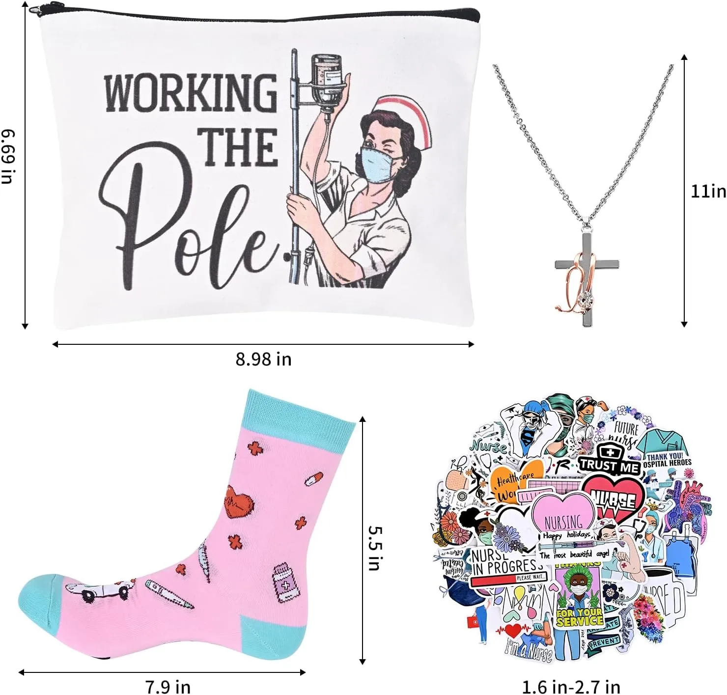 UAREHIBY Nurse Gifts for Women,Nurse Accessories for Work with Makeup Bag,Necklace,Socks,Stickers,Nurses Graduation Gift In Bulk with Zipper Bag Cosmetic Bag