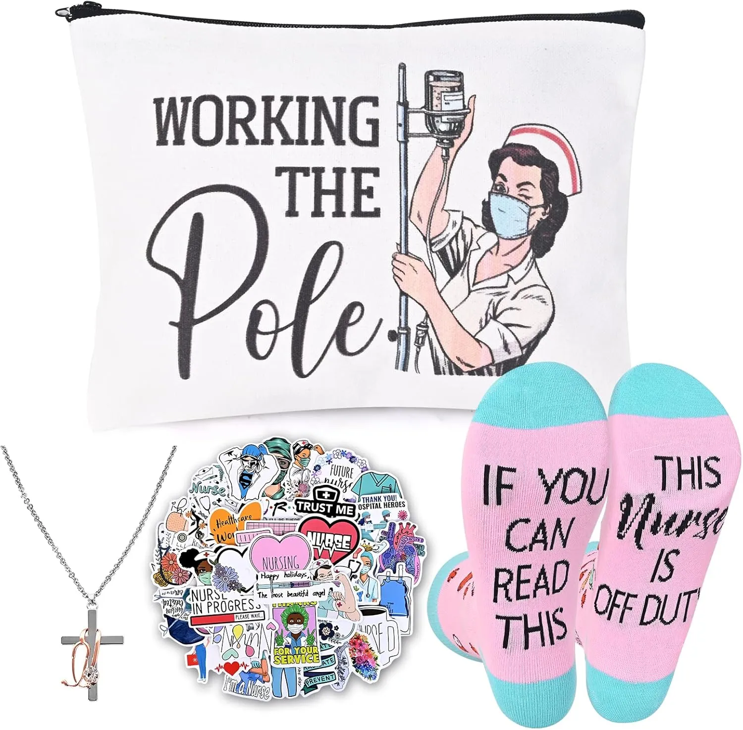 UAREHIBY Nurse Gifts for Women,Nurse Accessories for Work with Makeup Bag,Necklace,Socks,Stickers,Nurses Graduation Gift In Bulk with Zipper Bag Cosmetic Bag