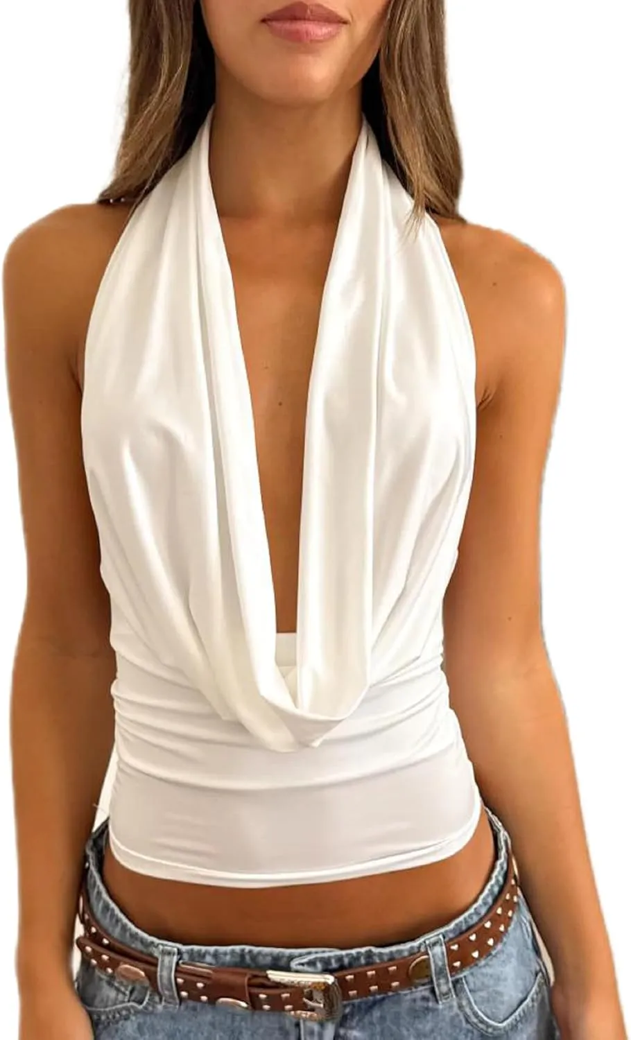 UAURORAO Women Cowl Neck Halter Tops Sexy Draped Front Low Cut Backless Tank Top Ruched Open Back Going Out Crop Tops