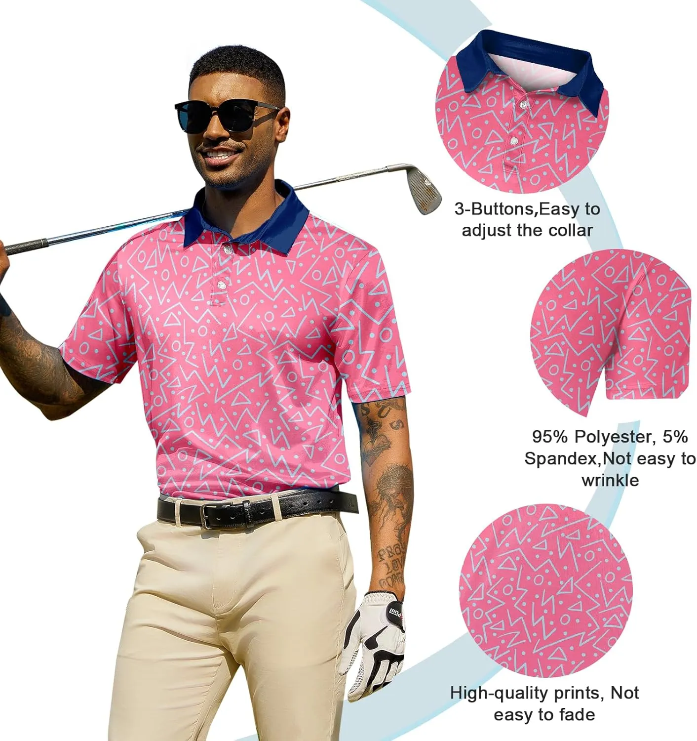 UNIFACO Mens Golf Shirt 3D Print Polo Shirts Dry Fit Performance Moisture Wicking Short Sleeve