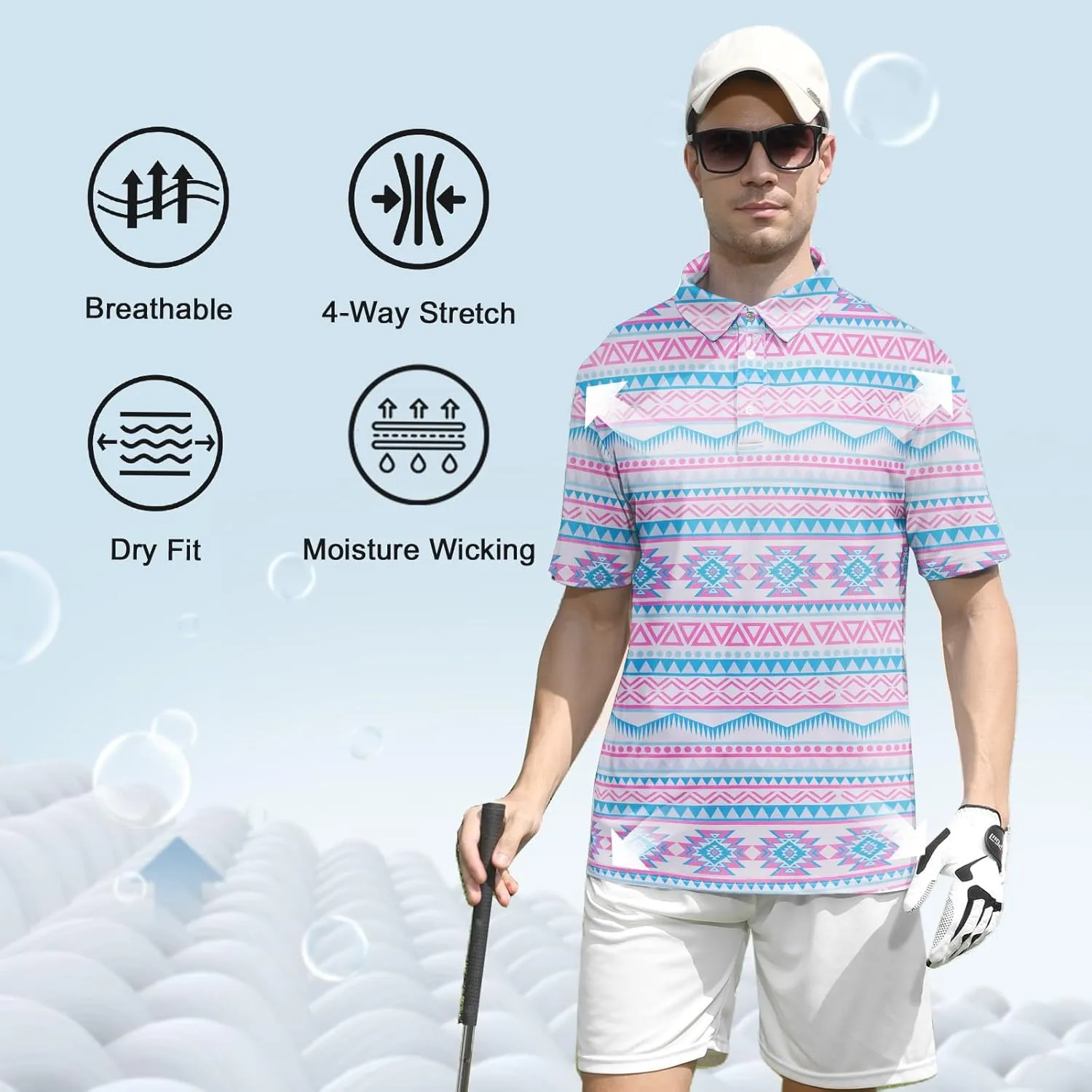UNIFACO Mens Golf Shirt 3D Print Polo Shirts Dry Fit Performance Moisture Wicking Short Sleeve