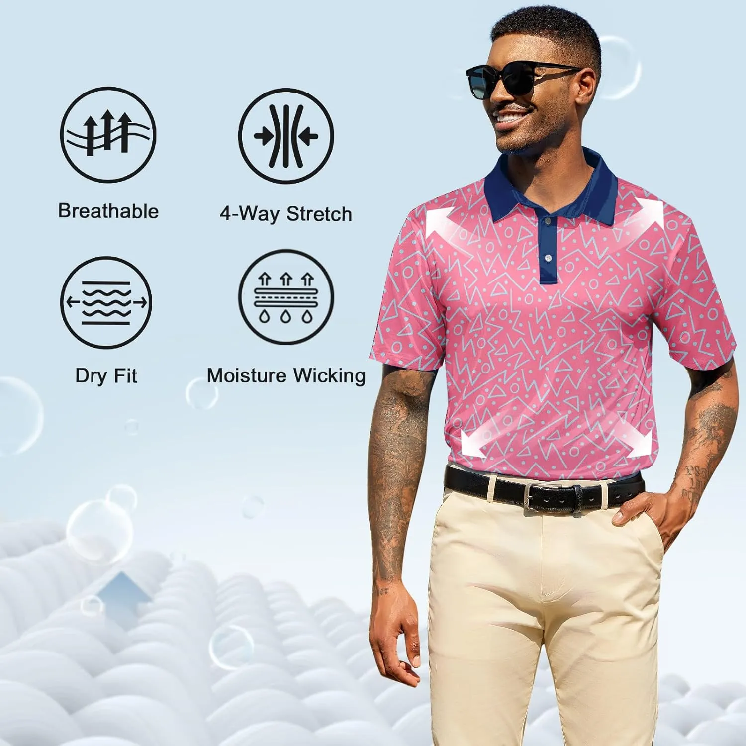 UNIFACO Mens Golf Shirt 3D Print Polo Shirts Dry Fit Performance Moisture Wicking Short Sleeve