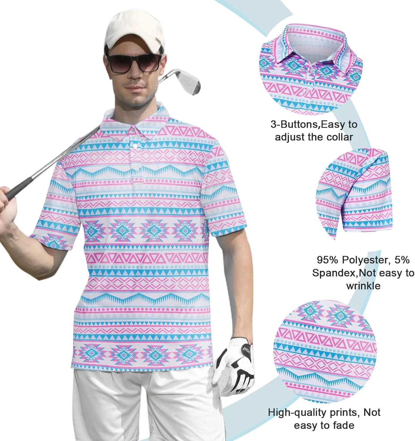 UNIFACO Mens Golf Shirt 3D Print Polo Shirts Dry Fit Performance Moisture Wicking Short Sleeve