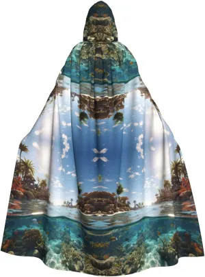Unisex Hooded Cloak Halloween Cosplay Robe Costume Party Hooded Cape With Ocean Tropical Plants Print