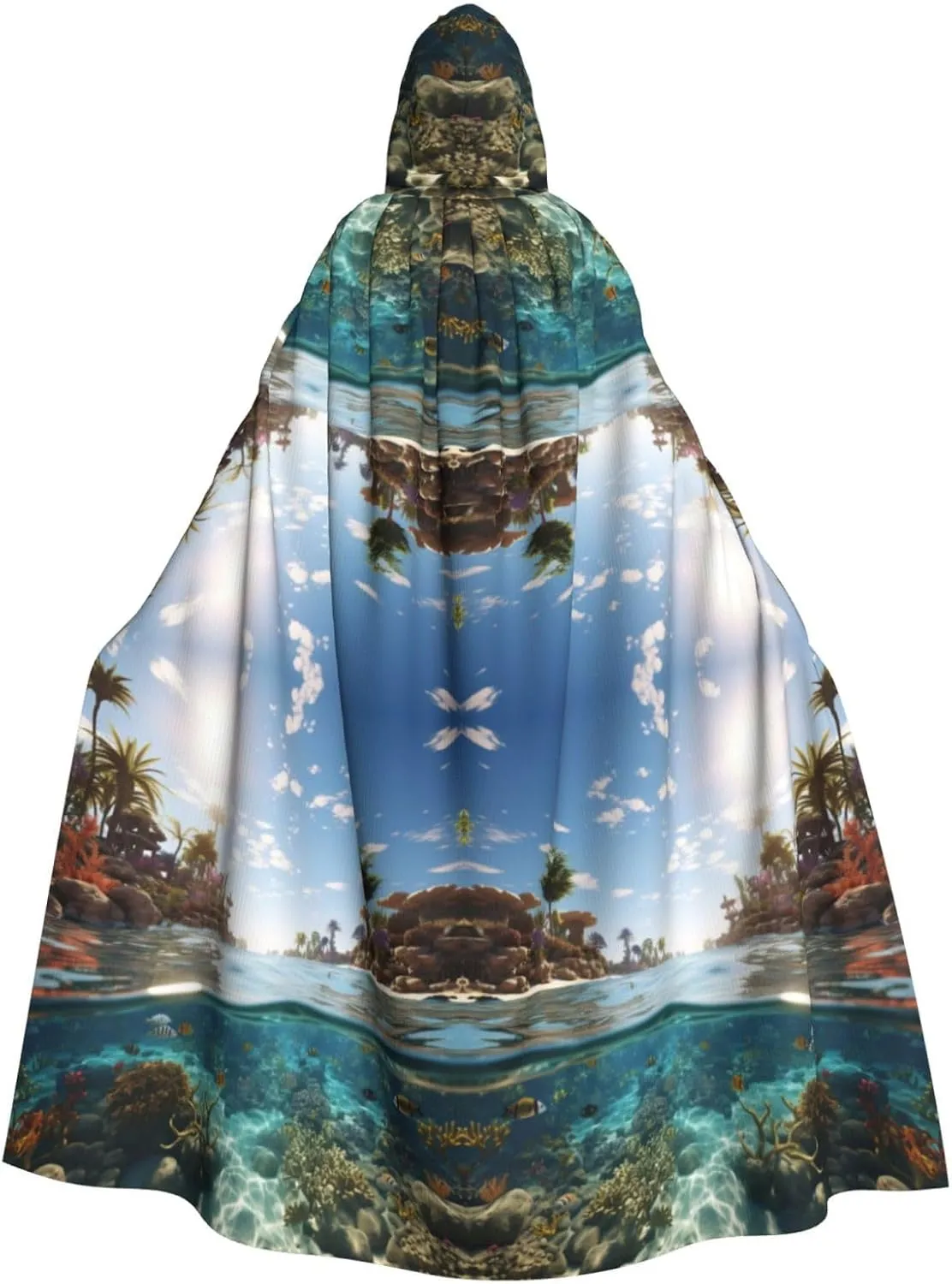 Unisex Hooded Cloak Halloween Cosplay Robe Costume Party Hooded Cape With Ocean Tropical Plants Print