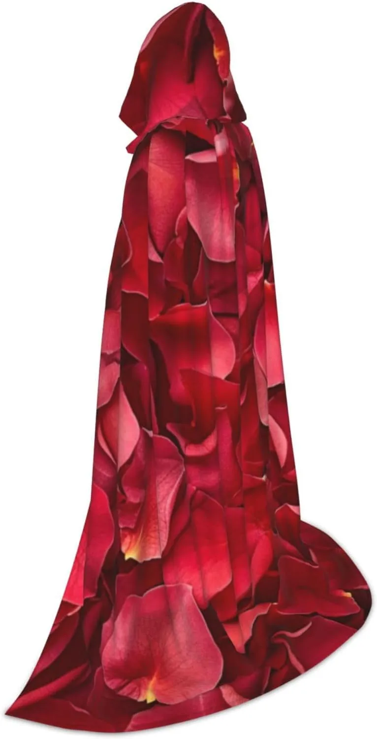 Unisex Hooded Robe Cloak, red rose petals - Adults' Lightweight Cloak for Halloween Cosplay Costumes -