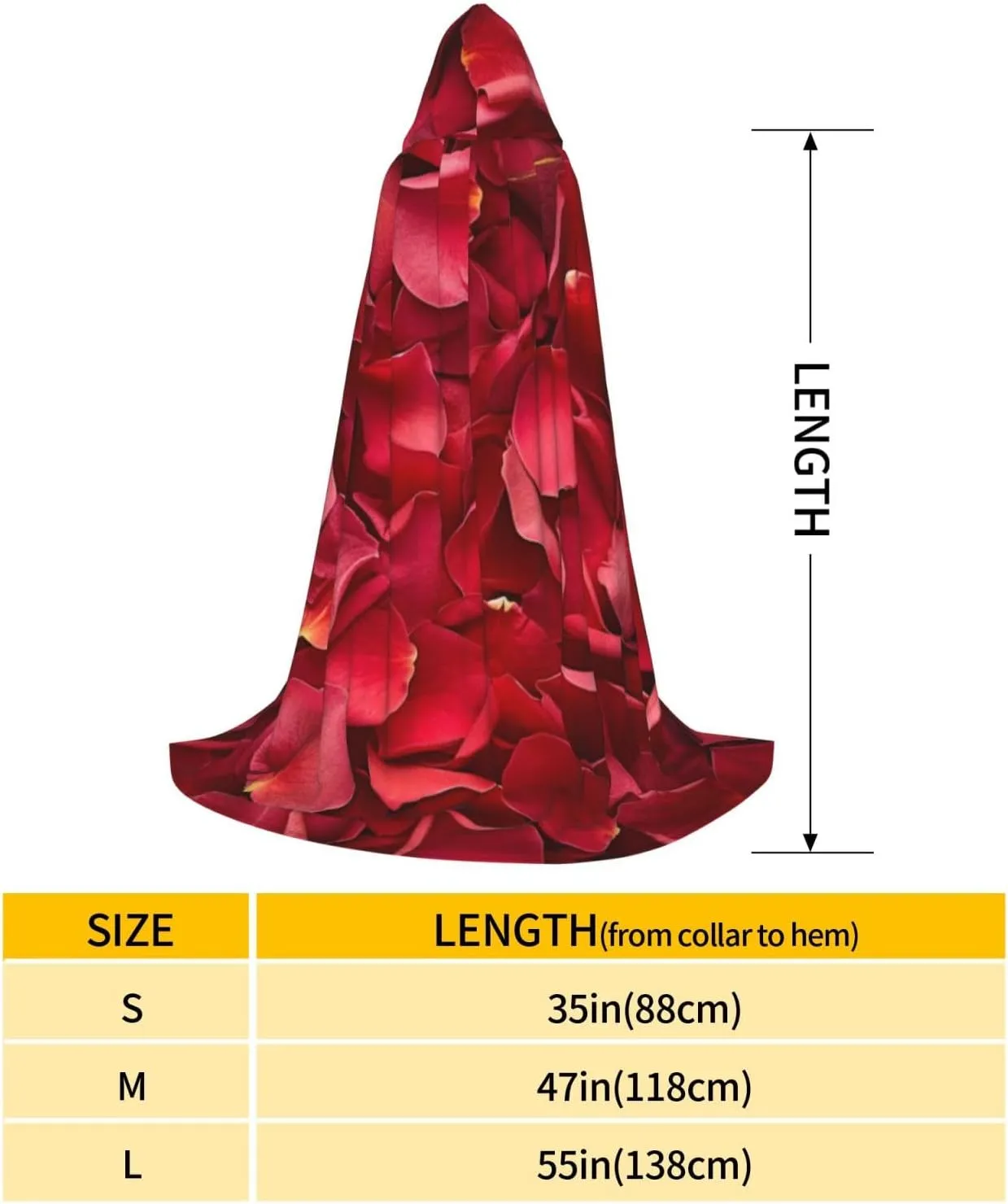 Unisex Hooded Robe Cloak, red rose petals - Adults' Lightweight Cloak for Halloween Cosplay Costumes -