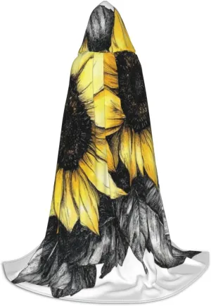 Unisex Hooded Robe Cloak, Sunflower Blooming Flowers Plants Black And Yellow - Adults' Lightweight Cloak for Halloween Cosplay Costumes - Large