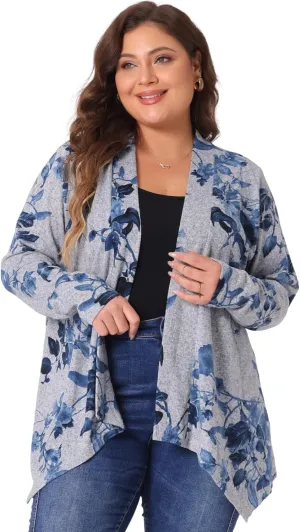 uxcell Women's Plus Size Cardigans Open Front Asymmetric Hem Printed Lightweight Jacket Fall Knit Cardigan