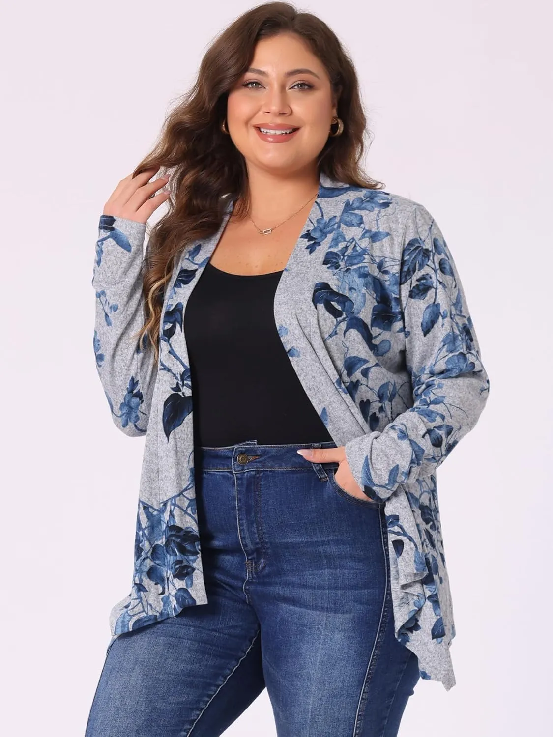 uxcell Women's Plus Size Cardigans Open Front Asymmetric Hem Printed Lightweight Jacket Fall Knit Cardigan