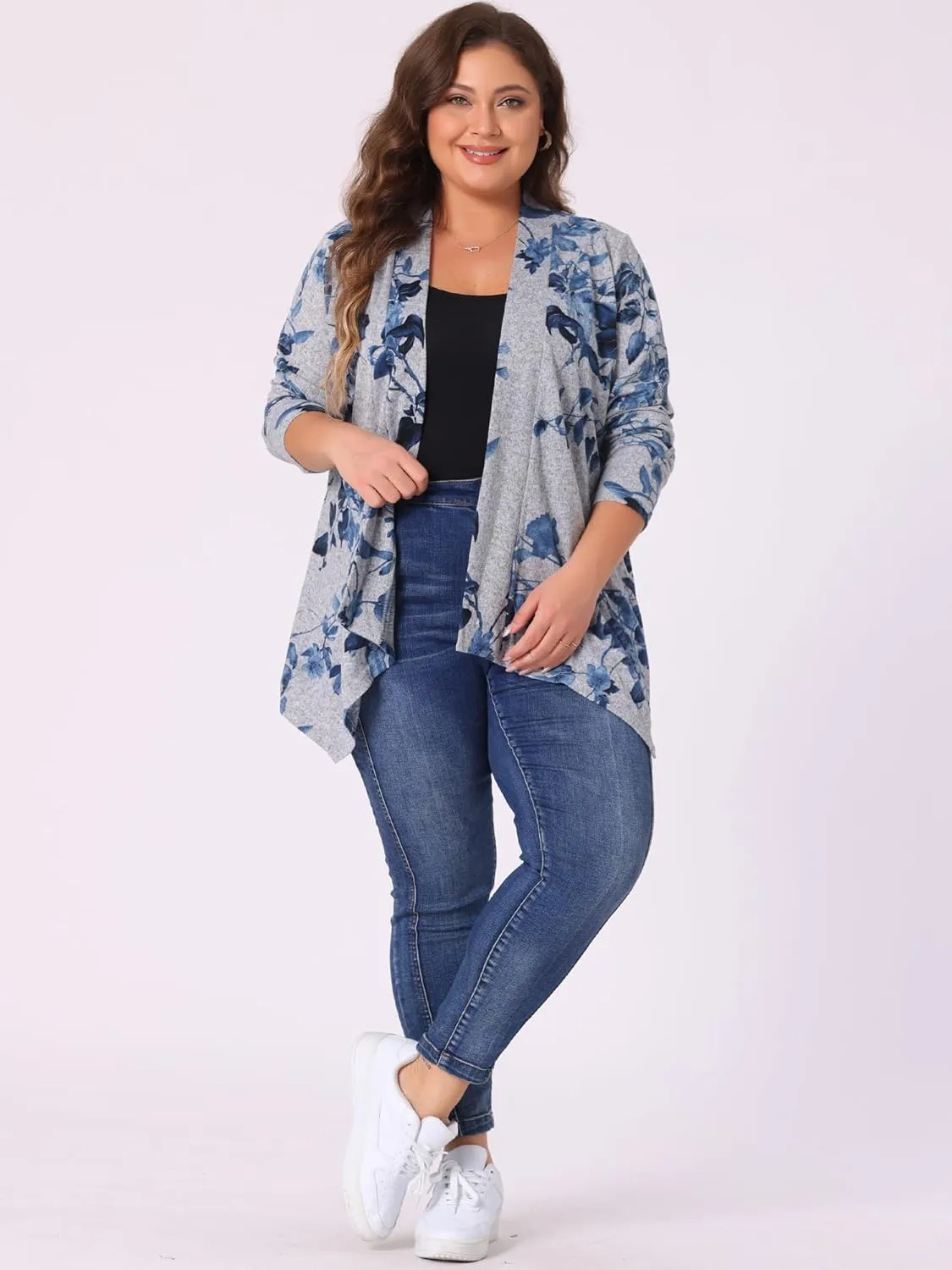 uxcell Women's Plus Size Cardigans Open Front Asymmetric Hem Printed Lightweight Jacket Fall Knit Cardigan