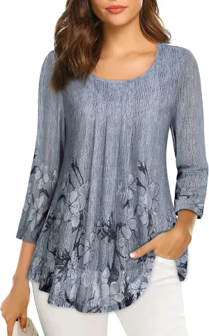 VALOLIA Women's 3/4 Sleeve Tunic Tops Casual Loose Fit Floral Blouses Mesh Pleated Layered Shirt