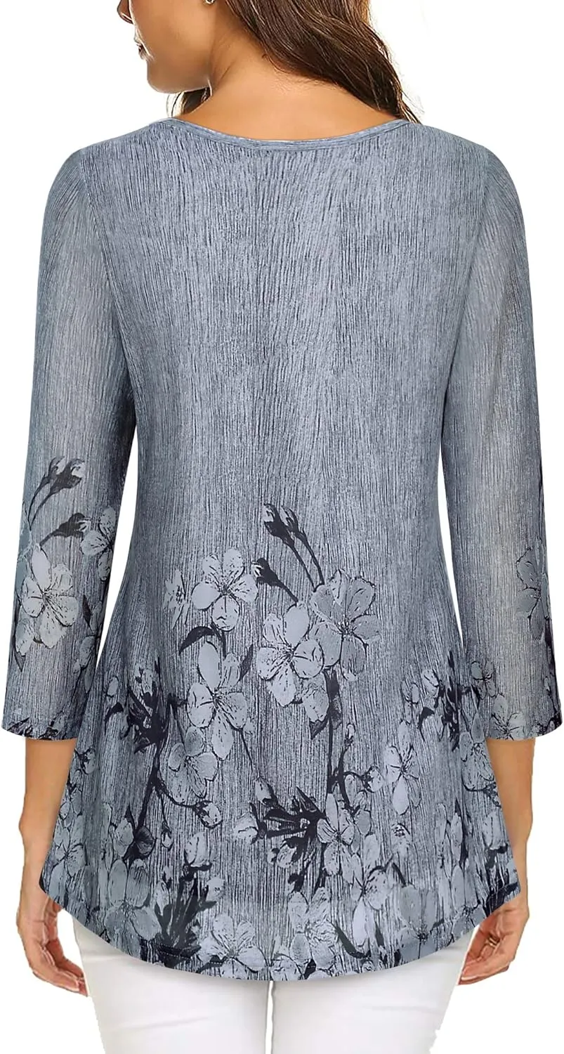 VALOLIA Women's 3/4 Sleeve Tunic Tops Casual Loose Fit Floral Blouses Mesh Pleated Layered Shirt