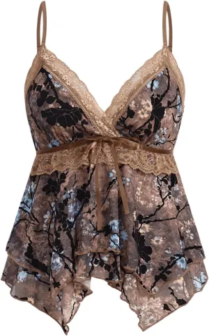 Verdusa Women's Lace Floral Babydoll Ruffle Flowy Camisole Bow V Neck Backless Peplum Tops