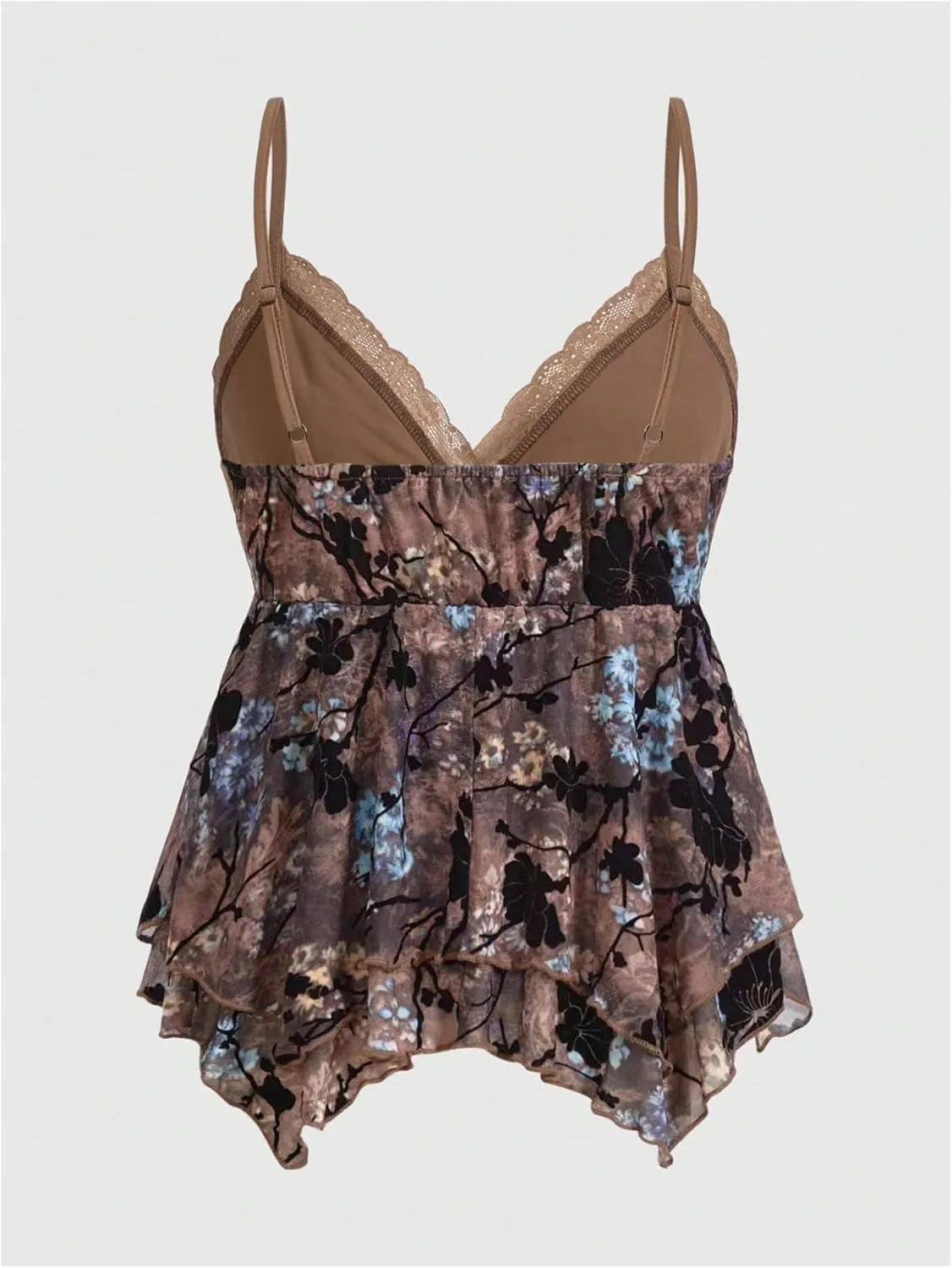 Verdusa Women's Lace Floral Babydoll Ruffle Flowy Camisole Bow V Neck Backless Peplum Tops