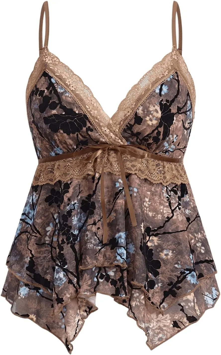Verdusa Women's Lace Floral Babydoll Ruffle Flowy Camisole Bow V Neck Backless Peplum Tops
