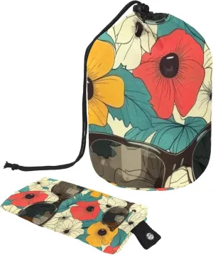 Vintage Flowers & Sunglasses 25 Travel Cosmetic Bags Makeup Bag for Women, Foldable Drawstring Travel Cosmetic Bags, Portable Toiletry Bucket Bag
