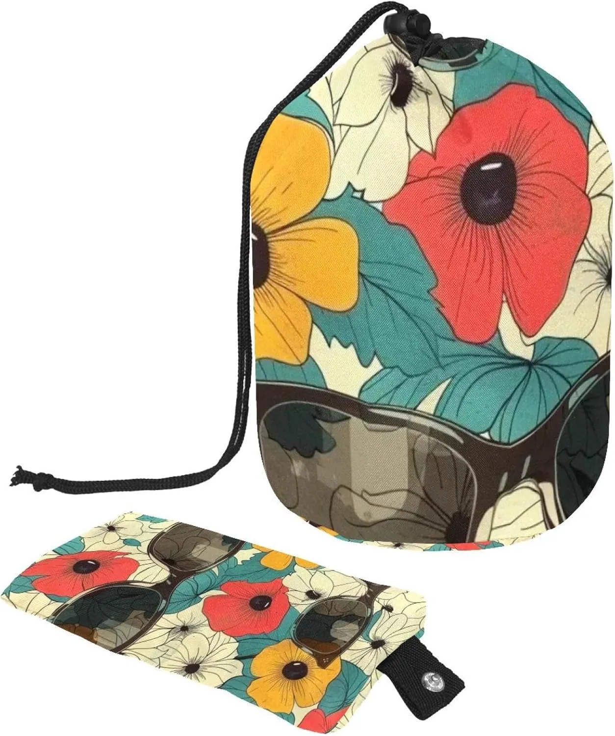 Vintage Flowers & Sunglasses 25 Travel Cosmetic Bags Makeup Bag for Women, Foldable Drawstring Travel Cosmetic Bags, Portable Toiletry Bucket Bag