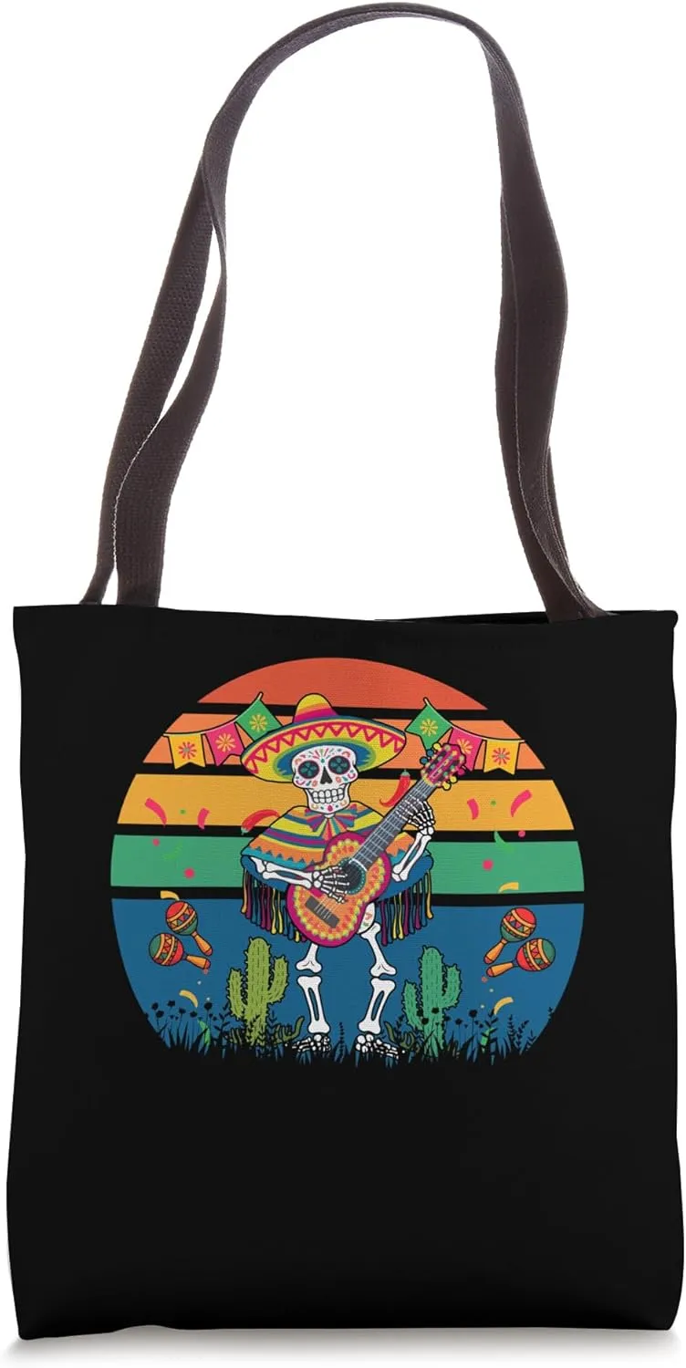 Vintage Mexican Skeleton Playing Guitar Cinco De Mayo Party Tote Bag