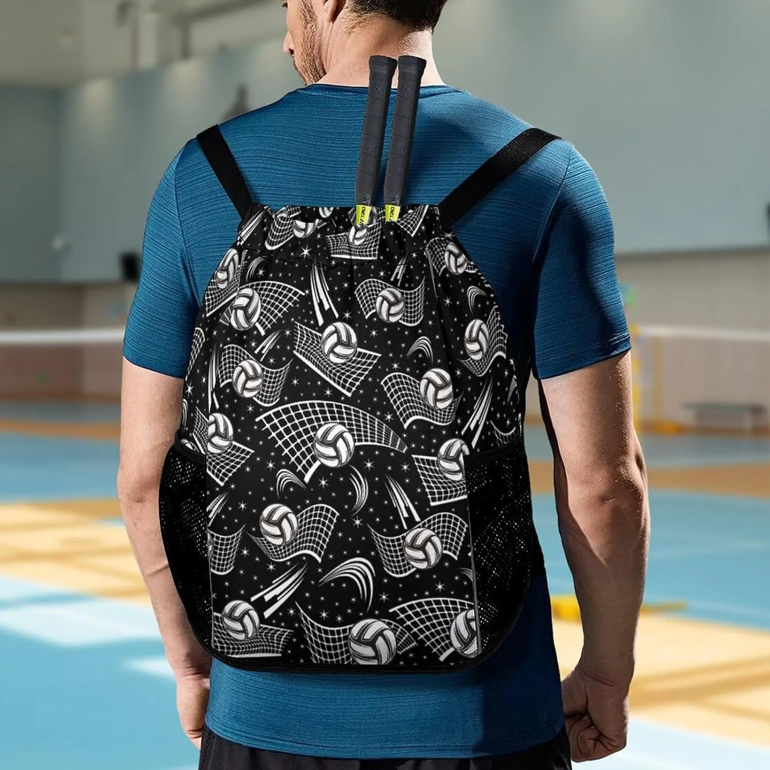 Volleyball Drawstring Backpack - Cool Cinch Sack, String Backpacks with Pocket for Kids Women Men Boys Girls for Gym Outdoor Sports Travel Athletic Drawstring Bag - Lightweight/Foldable