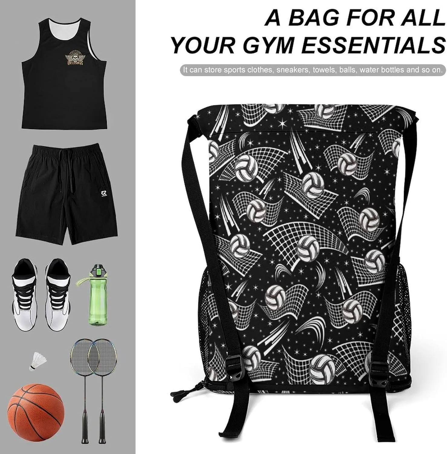 Volleyball Drawstring Backpack - Cool Cinch Sack, String Backpacks with Pocket for Kids Women Men Boys Girls for Gym Outdoor Sports Travel Athletic Drawstring Bag - Lightweight/Foldable