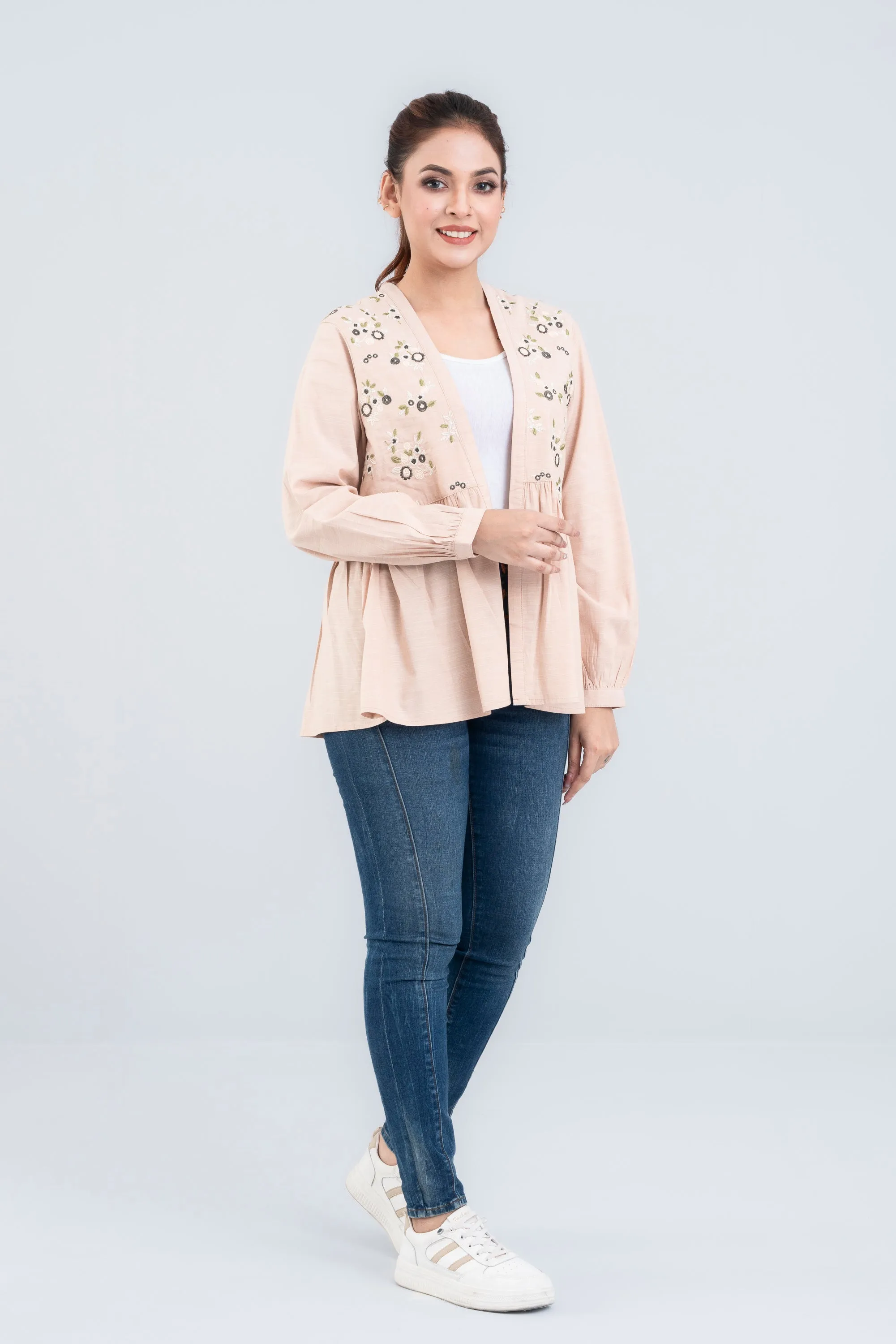 Waist-Length Floral Bolero Top with Three-Quarter Sleeves