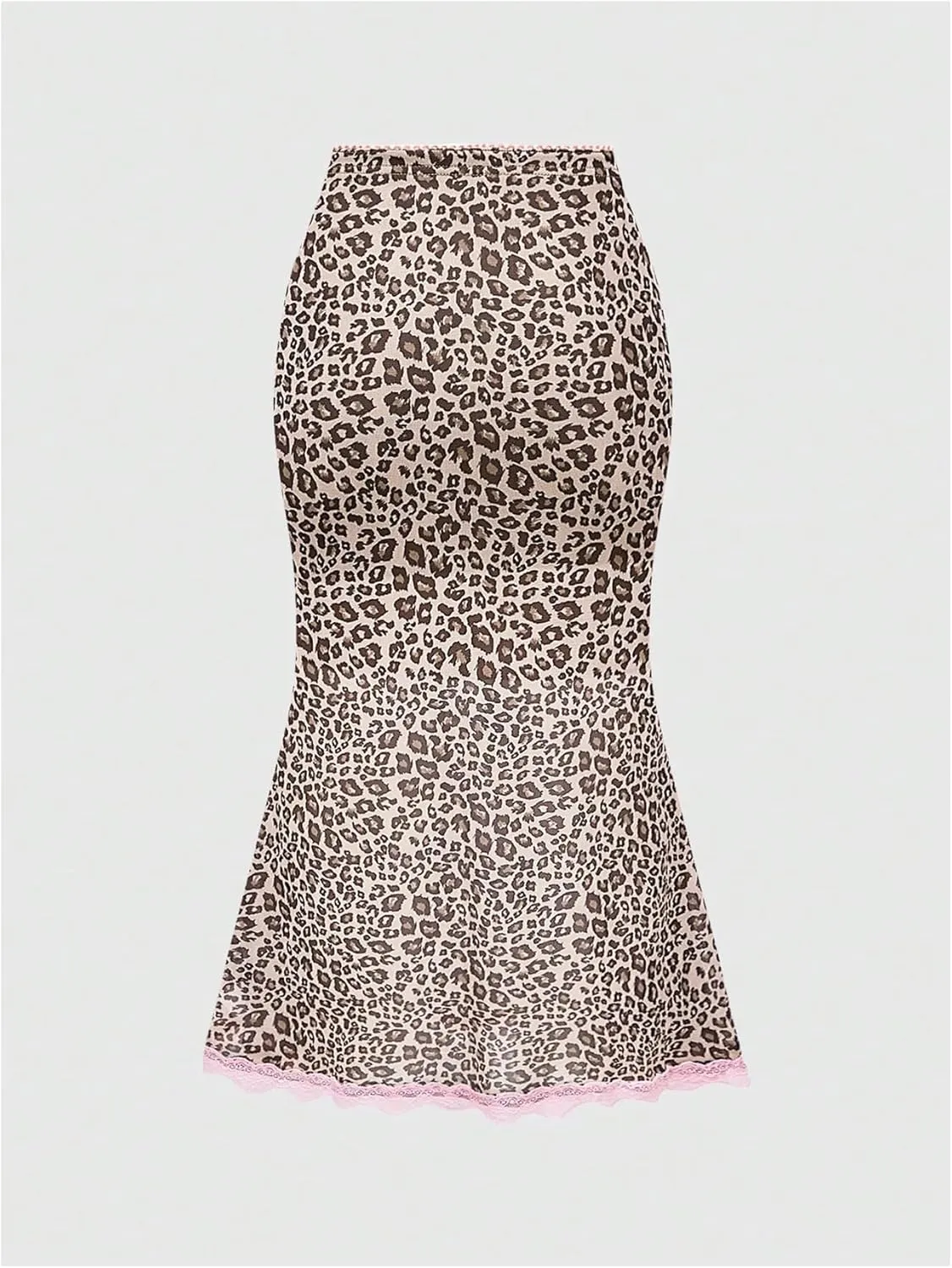 WDIRARA Women's Leopard Print Lace Trim Flared Long Skirt Bow Front Mesh Skinny Skirts