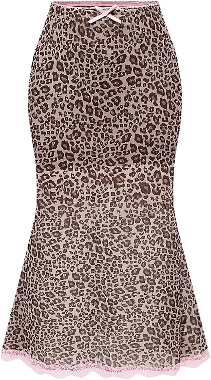 WDIRARA Women's Leopard Print Lace Trim Flared Long Skirt Bow Front Mesh Skinny Skirts